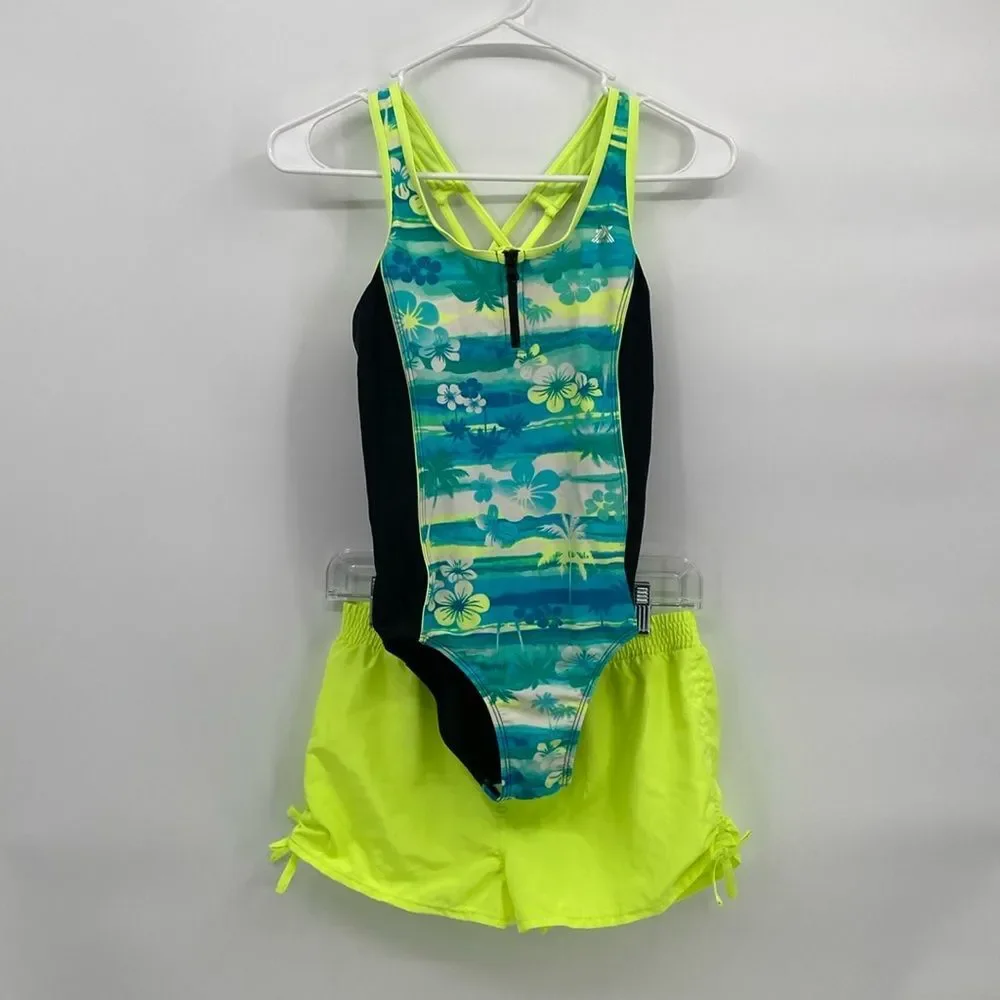 ZeroXposur Swimwear One Piece Racerback Zip Front With Coverup Shorts XL 16